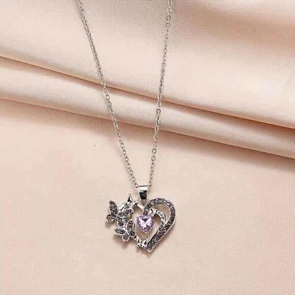 Butterfly Heart-shaped Necklace with Amethyst Stones and Chain - Picture 3 of 6